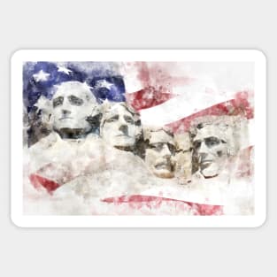 Mount Rushmore with American flag waving in background watercolor Sticker